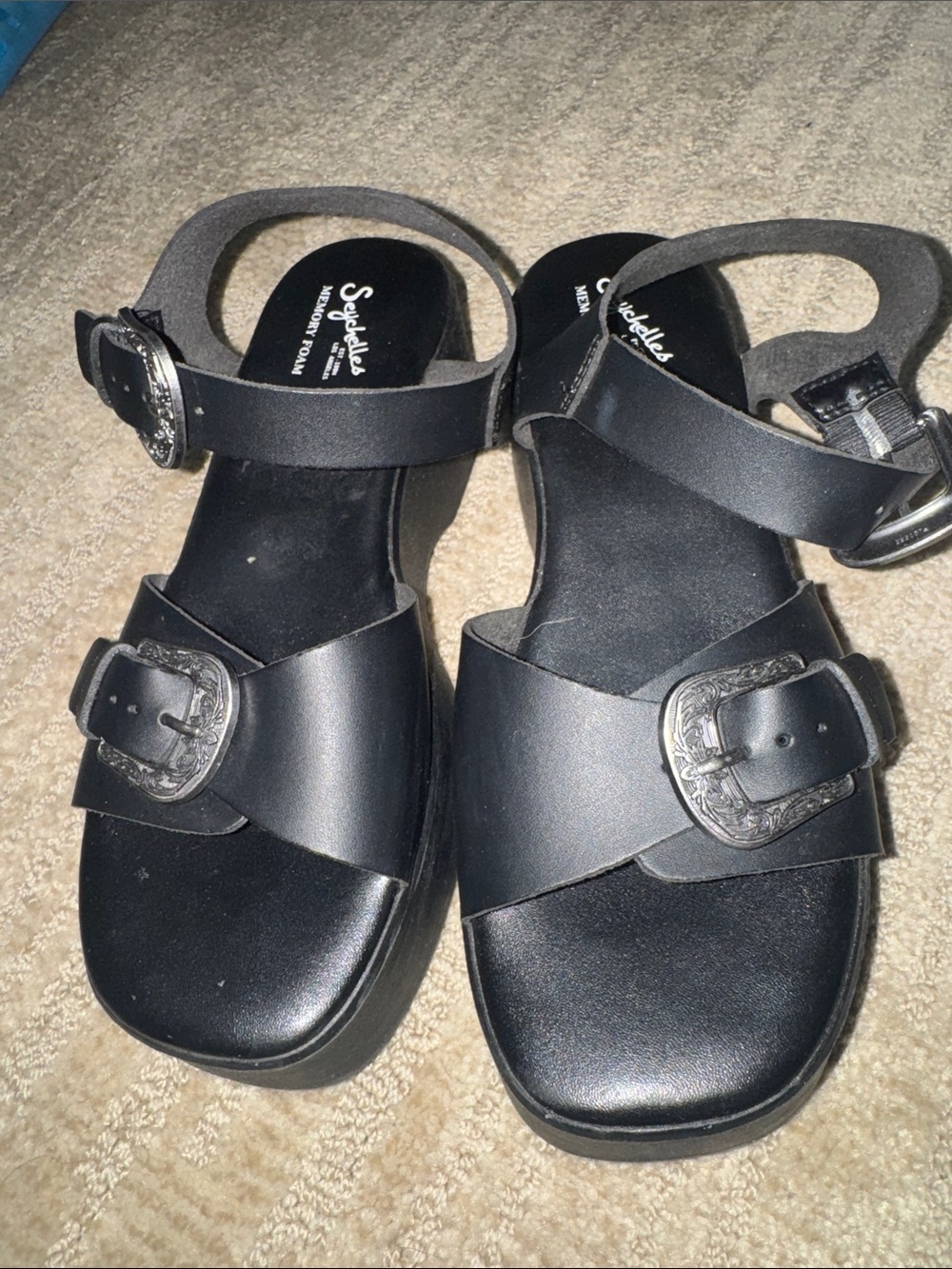 Seychelles Black Western memory foam Buckle Platform Sandals